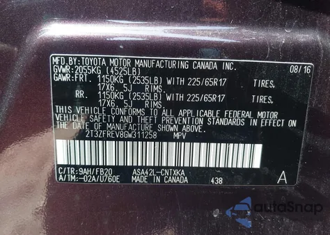 2016 Toyota Rav4 Le z USA, uszkodzony, nr VIN 2T3ZFREV8GW311258